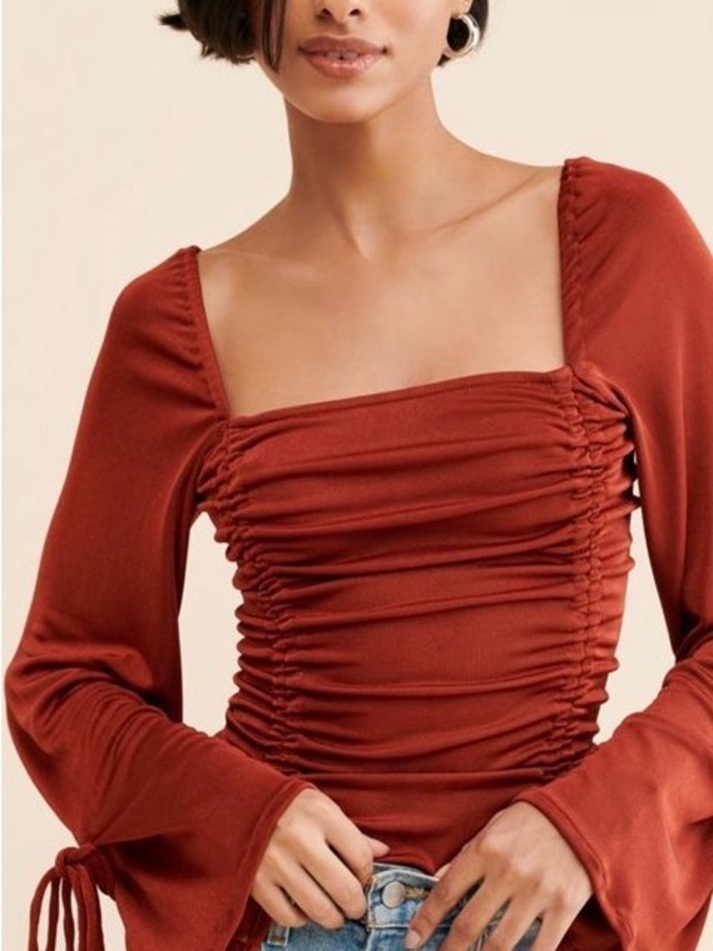 Free People Rust Long-Sleeve Ruched Bodysuit